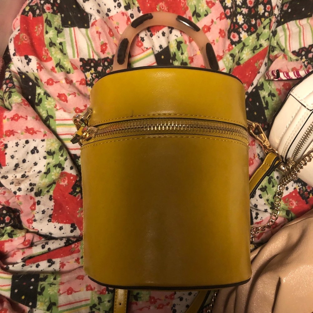 Topshop mustard vintage styled purse with pink tortoise handle